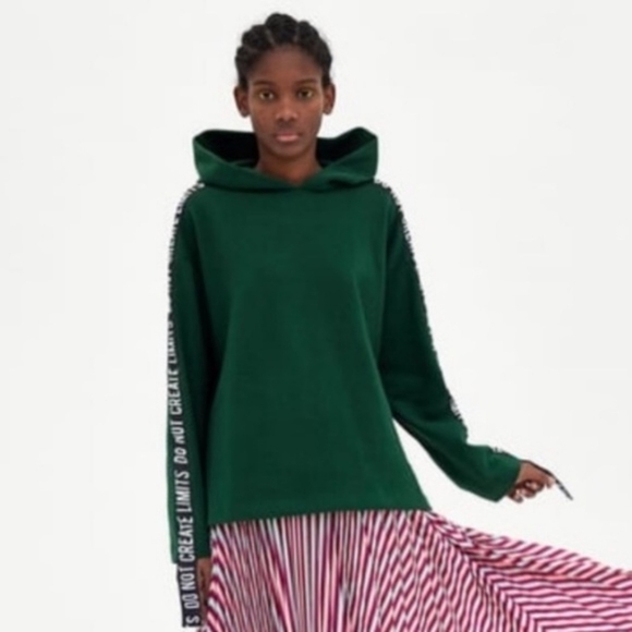 Zara Hoodie Sweatshirt Size Small Crop Green Do Not Create Limits Long Trafaluc - Picture 1 of 12